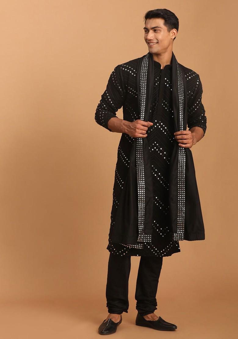 Black Embroidered Poly Blend Kurta Set For Men