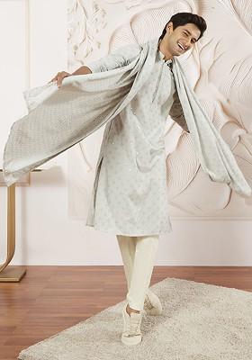 Grey Embroidered Poly Blend Kurta Set For Men
