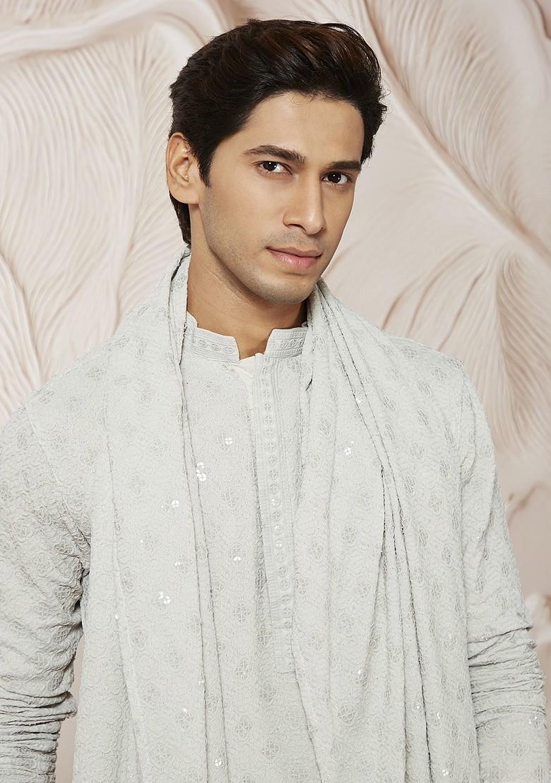 Grey Embroidered Poly Blend Kurta Set For Men