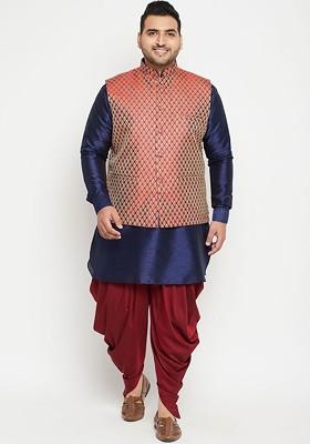 Navy Blue Ethnic Motifs Poly Blend Kurta Set For Men
