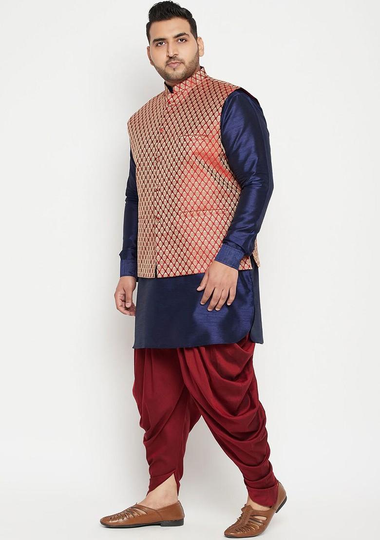 Navy Blue Ethnic Motifs Poly Blend Kurta Set For Men