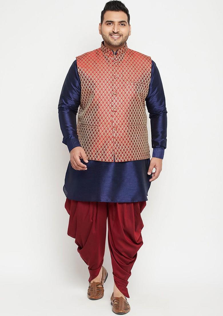 Navy Blue Ethnic Motifs Poly Blend Kurta Set For Men