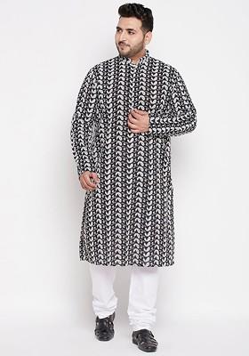 Black Printed Cotton Kurta Set For Men