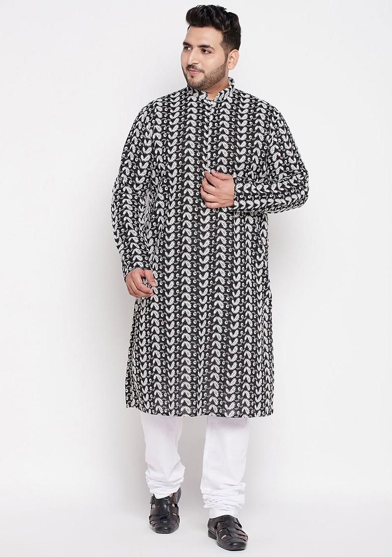 Black Printed Cotton Kurta Set For Men