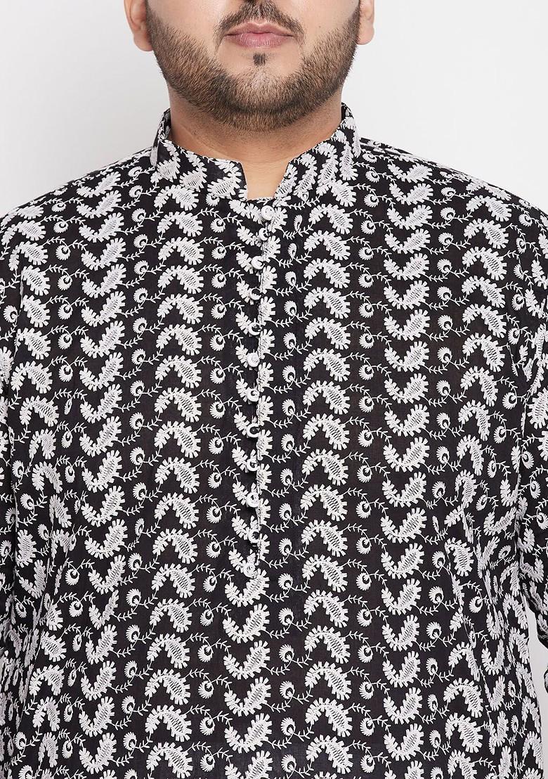 Black Printed Cotton Kurta Set For Men