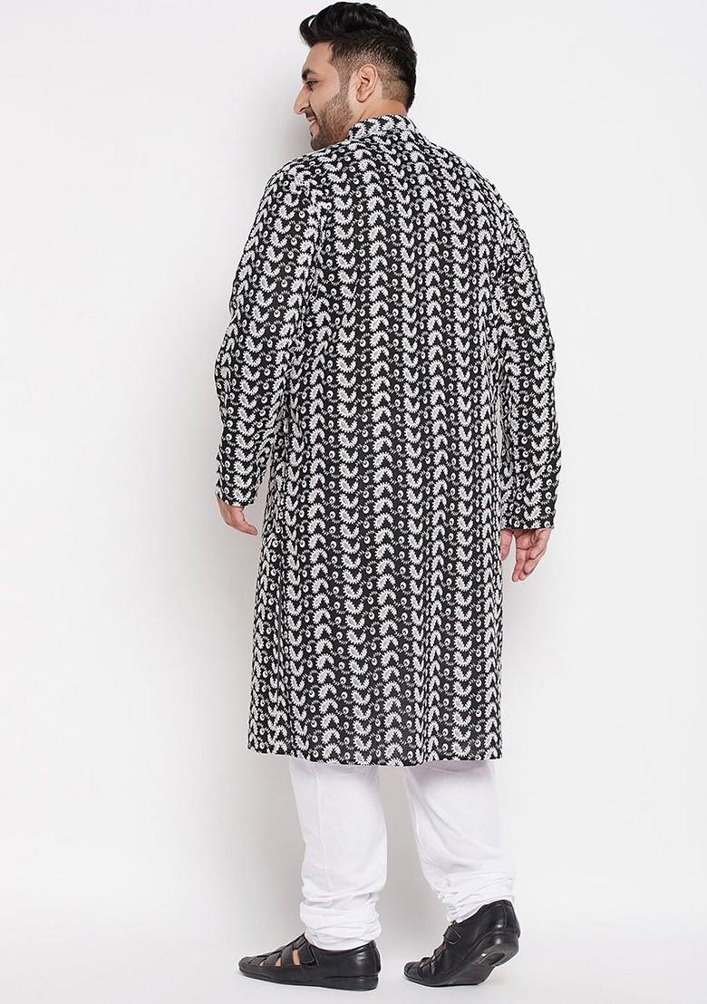 Black Printed Cotton Kurta Set For Men