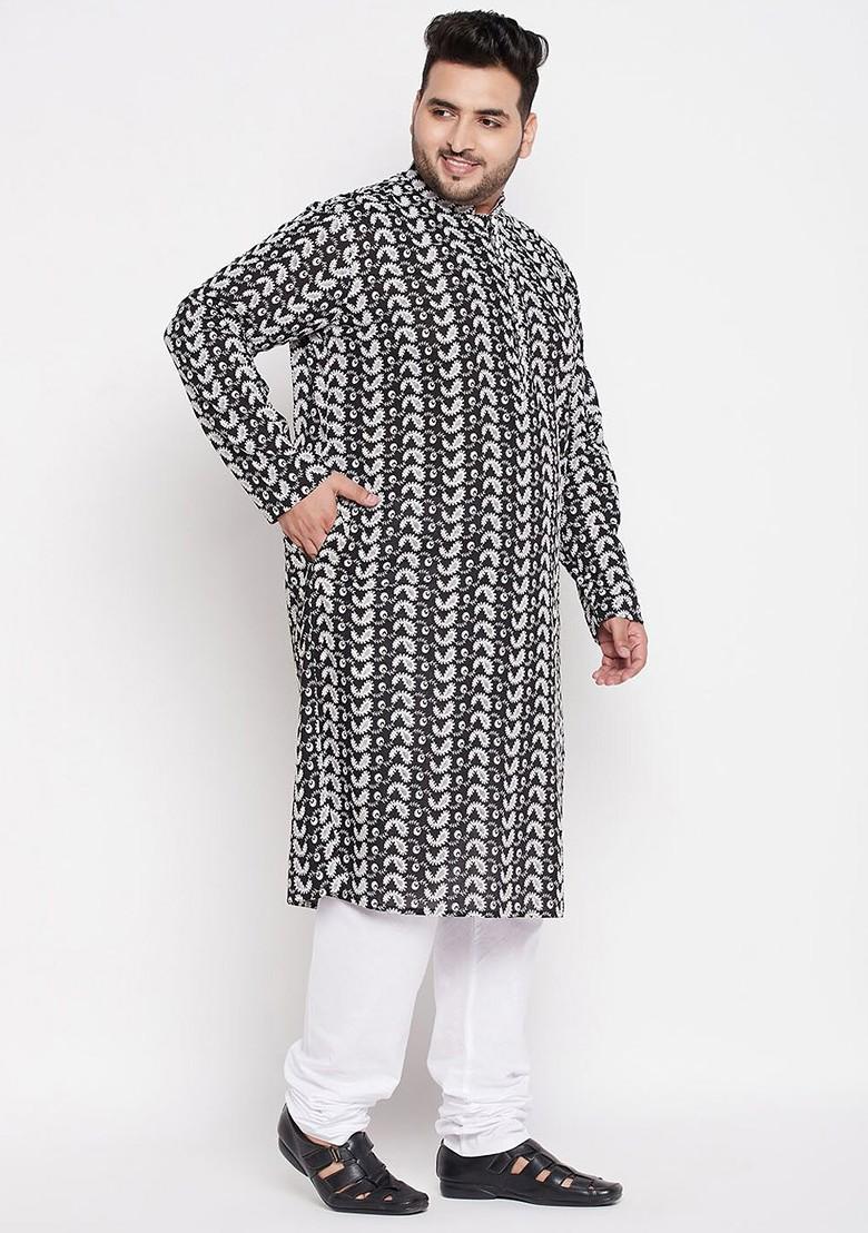 Black Printed Cotton Kurta Set For Men