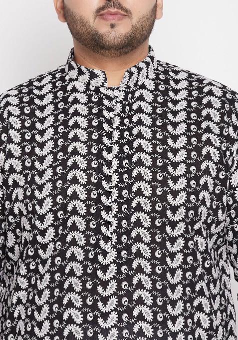 Black Printed Cotton Kurta Set For Men