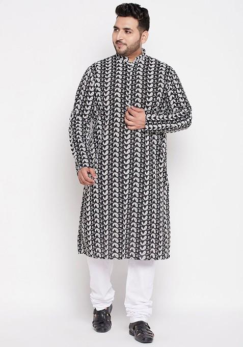 Black Printed Cotton Kurta Set For Men