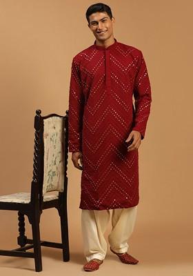 Maroon Embroidered Poly Blend Kurta Set For Men