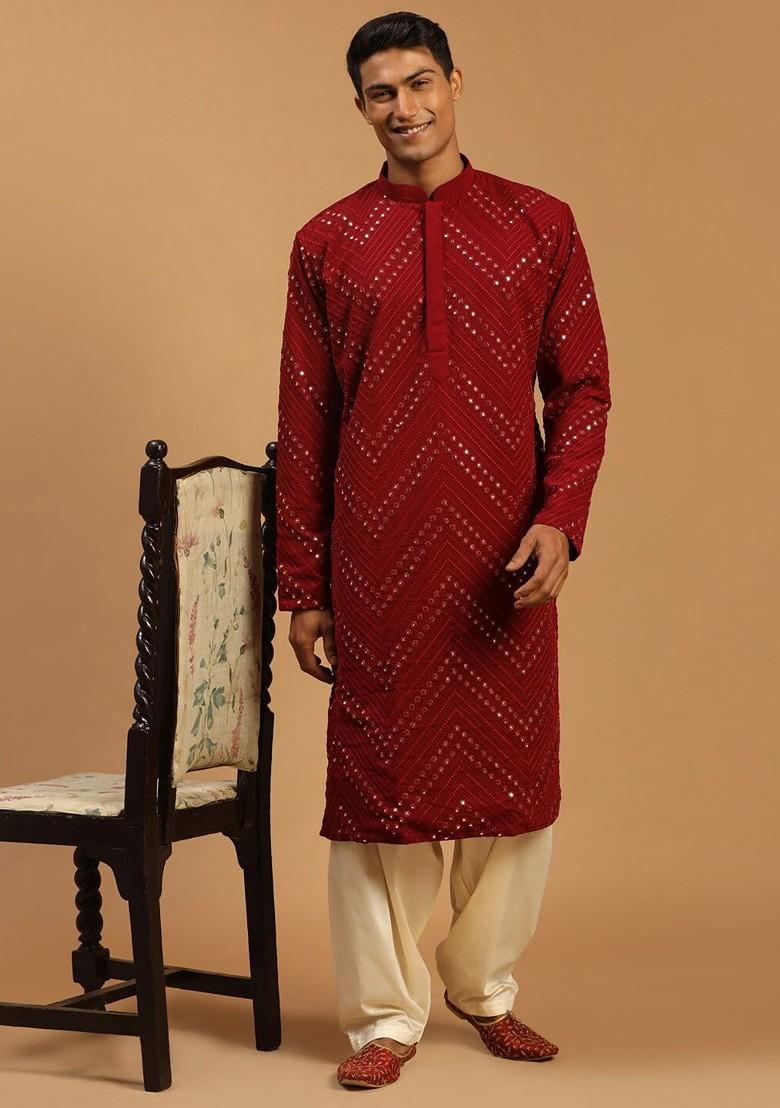 Maroon Embroidered Poly Blend Kurta Set For Men