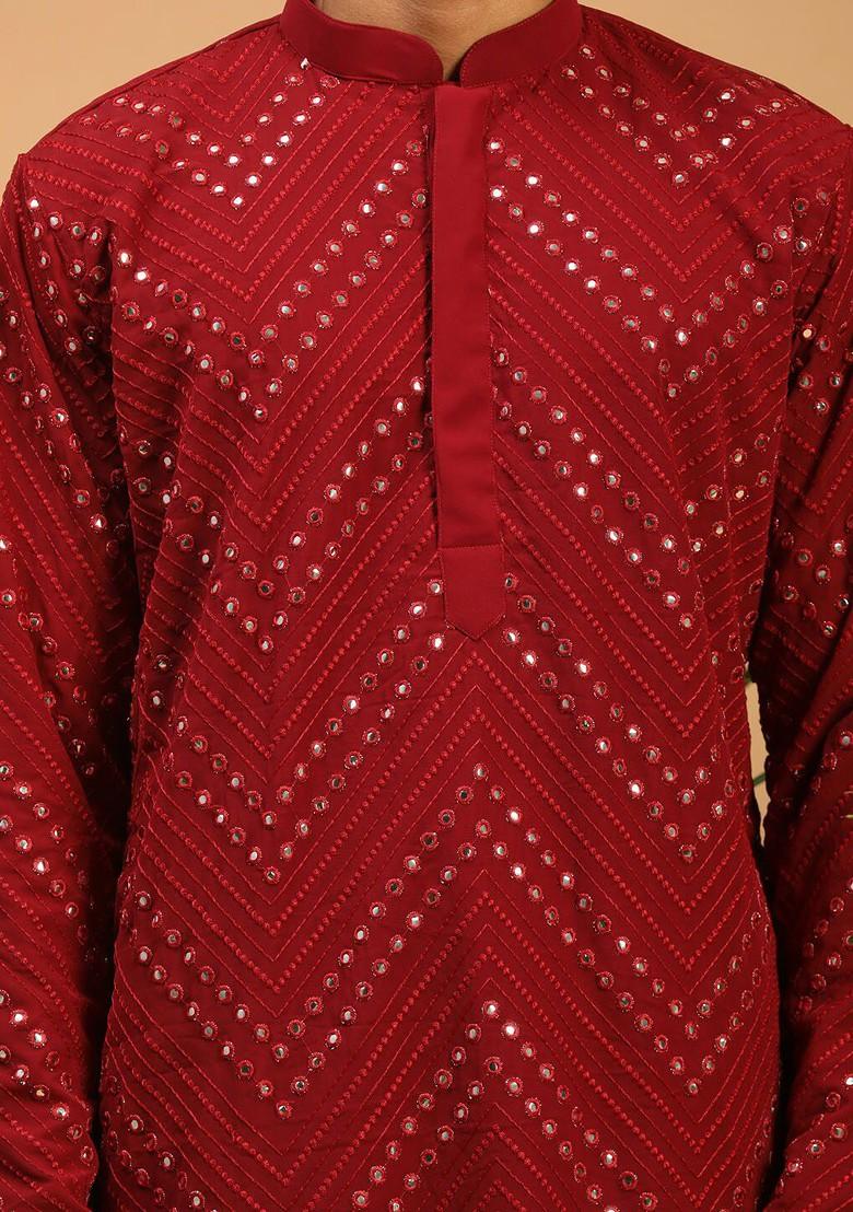 Maroon Embroidered Poly Blend Kurta Set For Men