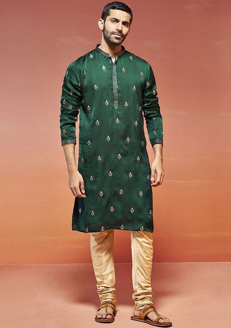 Green Floral Print Poly Blend Kurta Set For Men - Indya