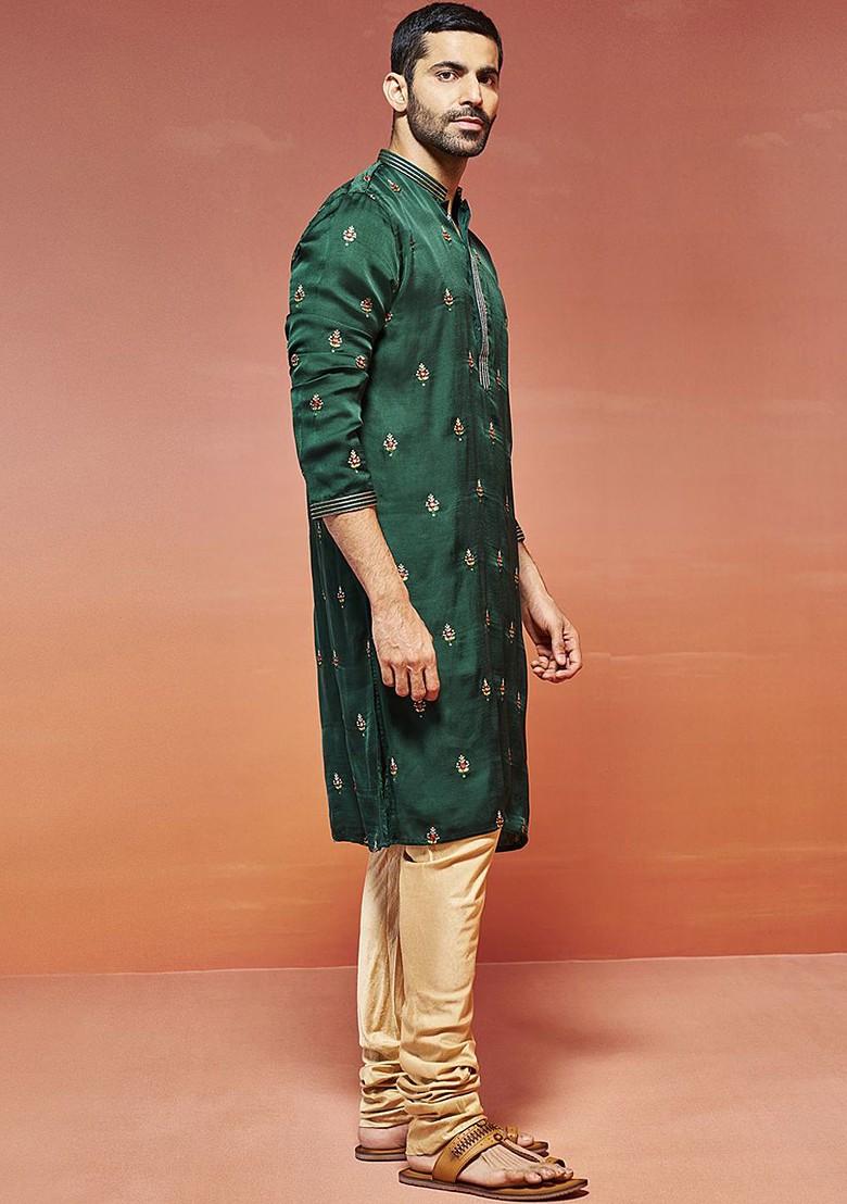 Green Floral Print Poly Blend Kurta Set For Men