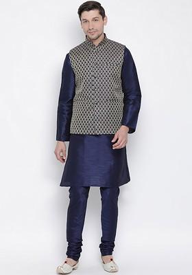 Navy Blue Woven Poly Blend Kurta Set For Men