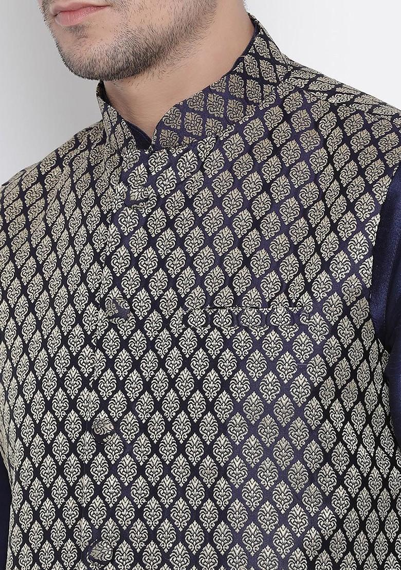 Navy Blue Woven Poly Blend Kurta Set For Men