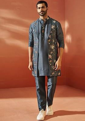 Grey Floral Print Poly Blend Kurta Set For Men