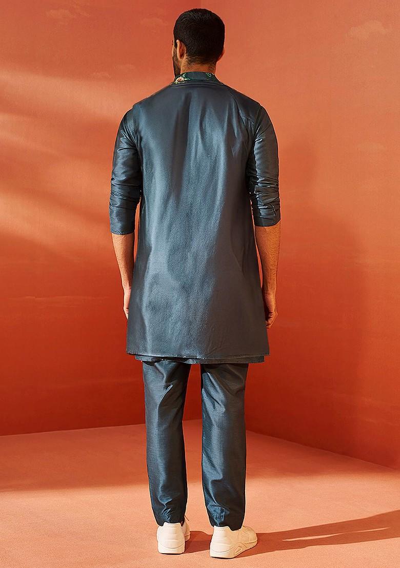 Grey Floral Print Poly Blend Kurta Set For Men