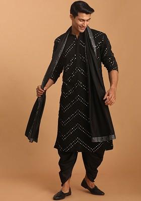 Black Embroidered Poly Blend Kurta Set For Men