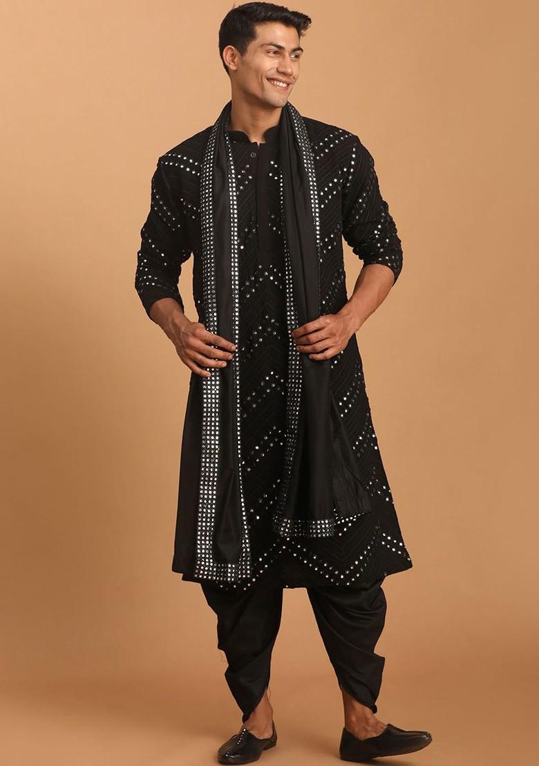 Black Embroidered Poly Blend Kurta Set For Men
