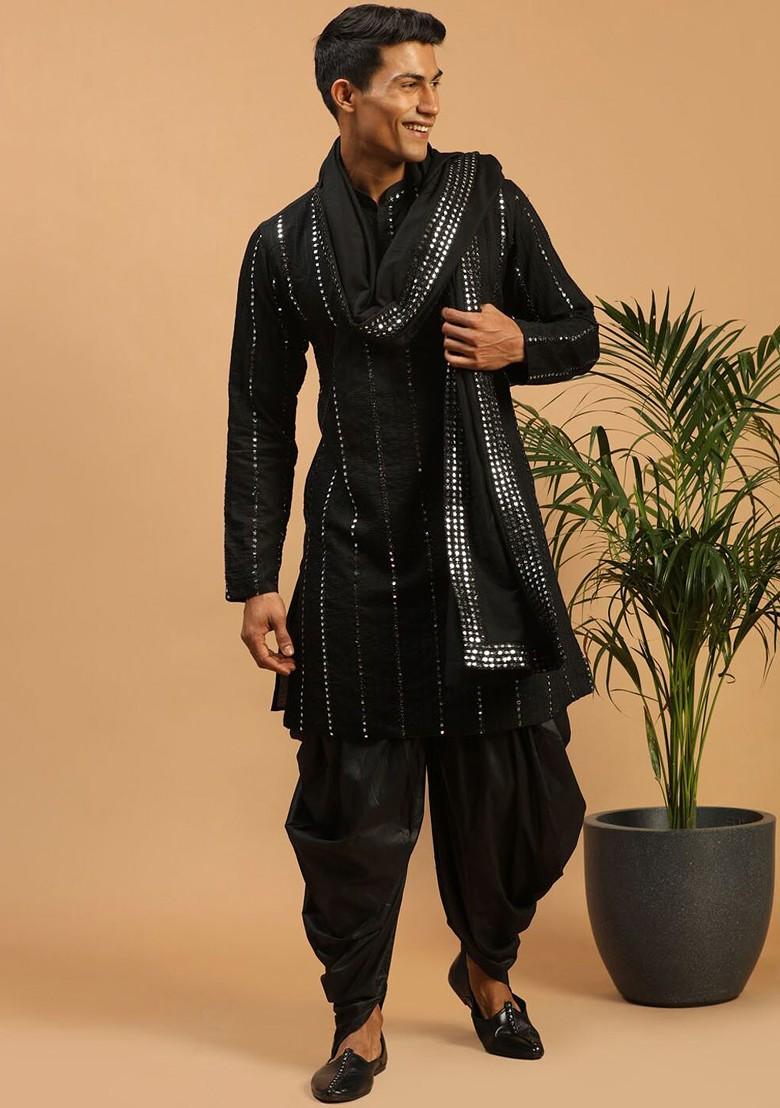 Black Embroidered Poly Blend Kurta Set For Men
