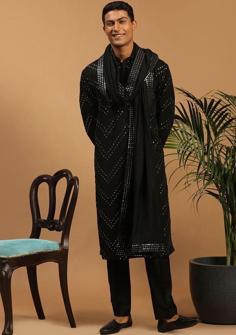 Black Embroidered Georgette Kurta Set For Men
