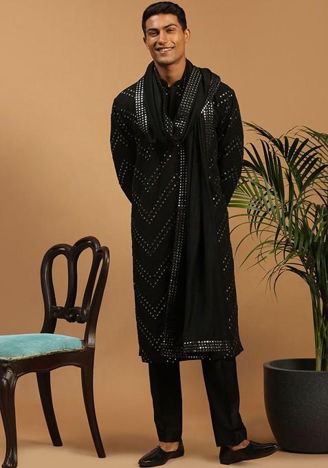Black Embroidered Georgette Kurta Set For Men