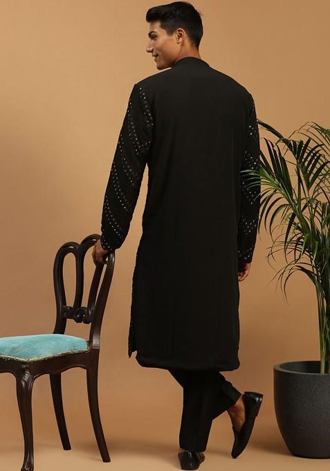 Black Embroidered Georgette Kurta Set For Men