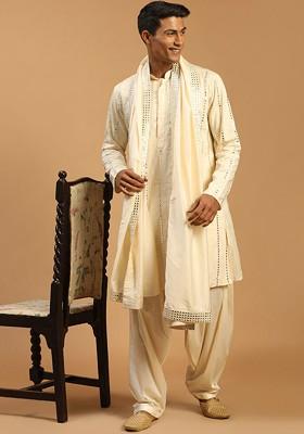 Cream Mirror Work Poly Blend Kurta Set For Men