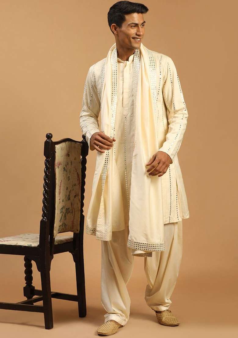 Cream Mirror Work Poly Blend Kurta Set For Men - Indya