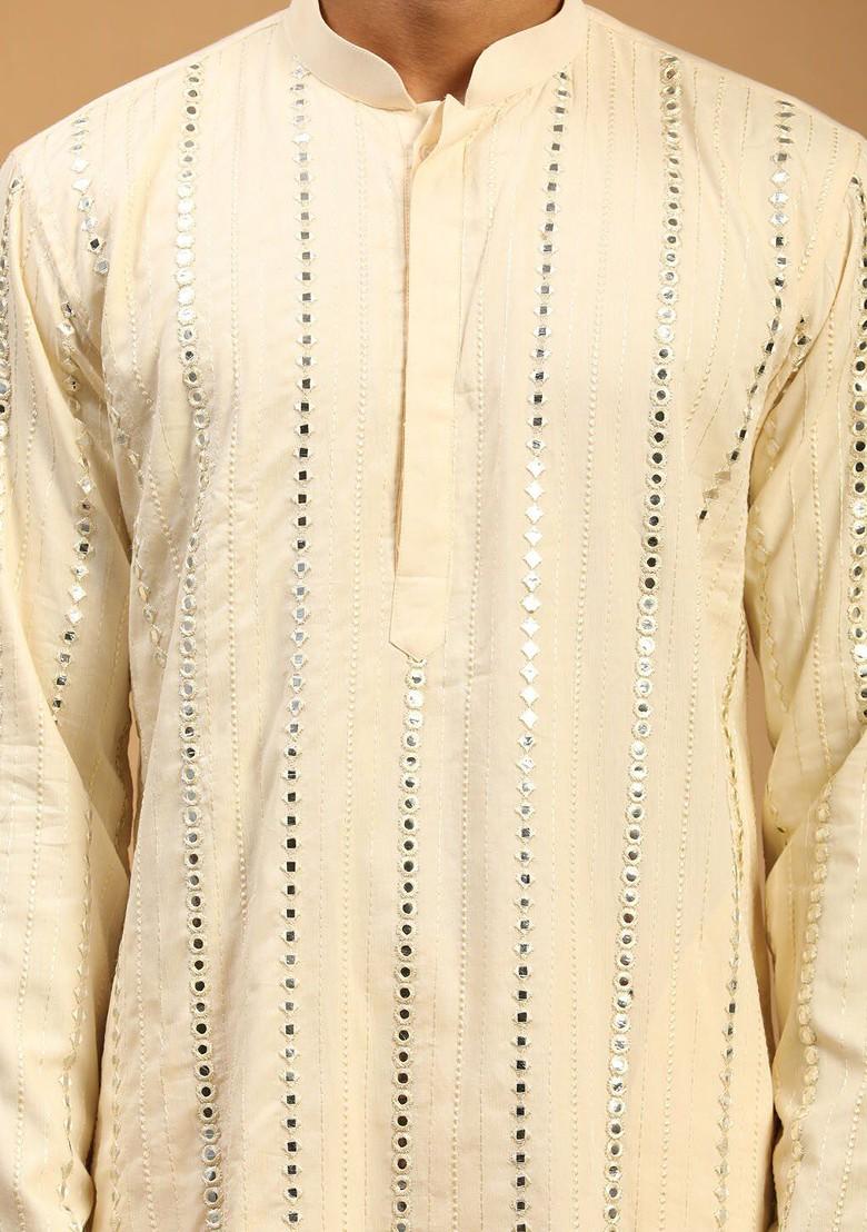 Cream Mirror Work Poly Blend Kurta Set For Men
