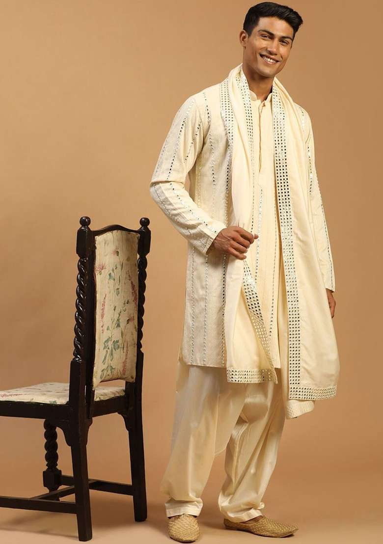 Cream Mirror Work Poly Blend Kurta Set For Men - Indya