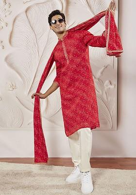 Red Bandhani Print Poly Blend Kurta Set For Men