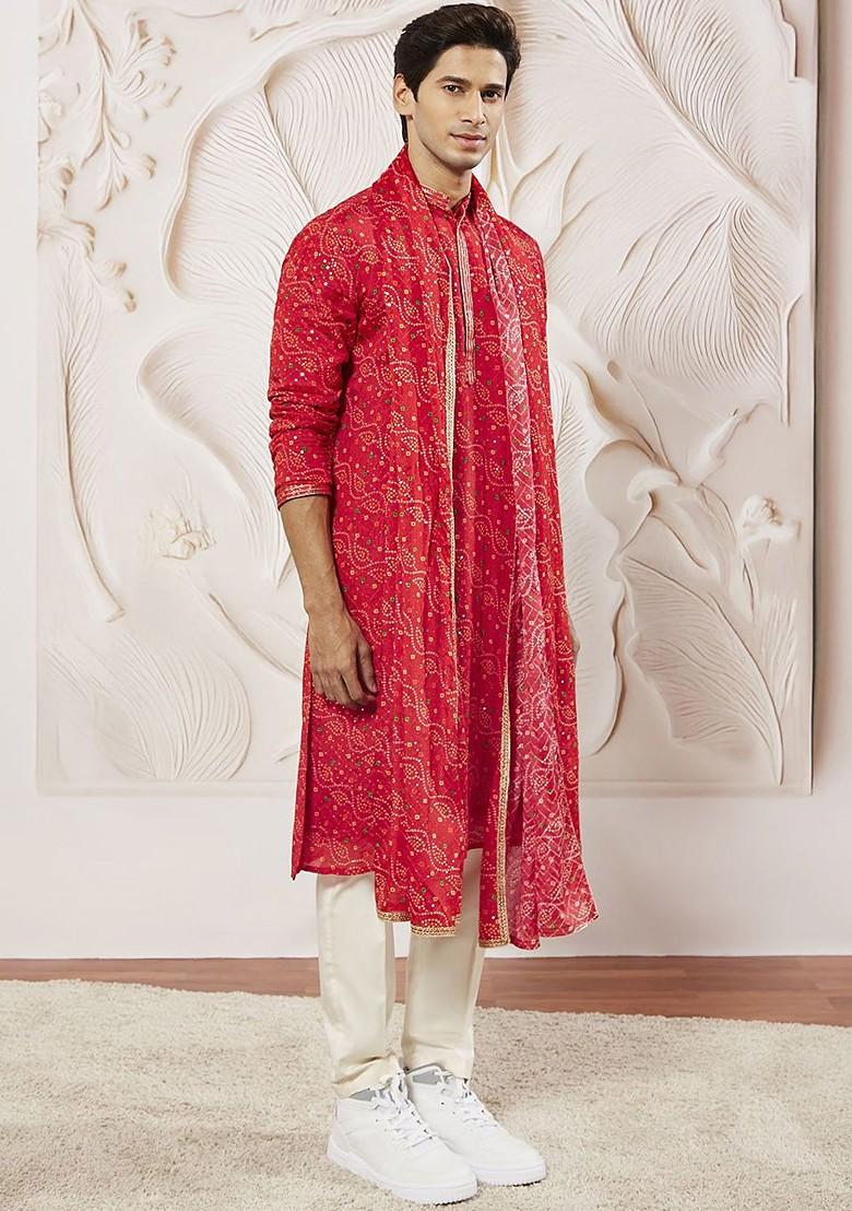 Red Bandhani Print Poly Blend Kurta Set For Men