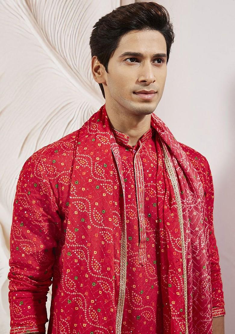 Red Bandhani Print Poly Blend Kurta Set For Men