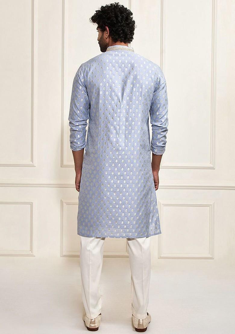Blue Ethnic Motifs Jacquard Kurta Set For Men
