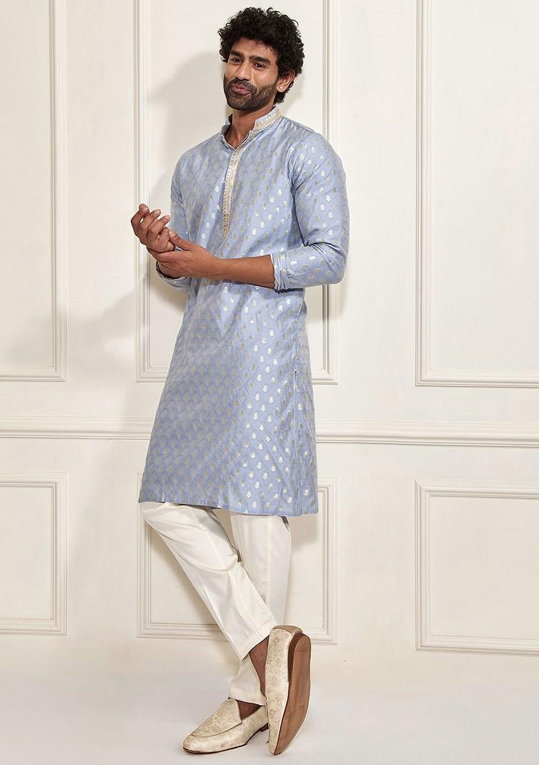 Blue Ethnic Motifs Jacquard Kurta Set For Men