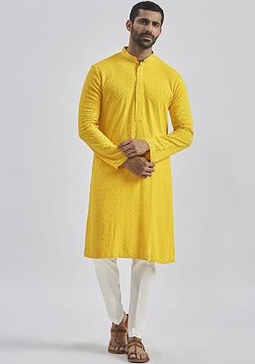 Yellow Floral Print Chiffon Kurta Set For Men