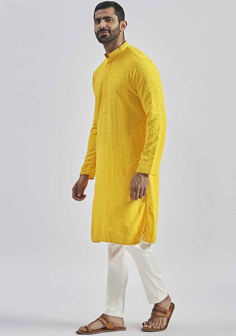 Yellow Floral Print Chiffon Kurta Set For Men