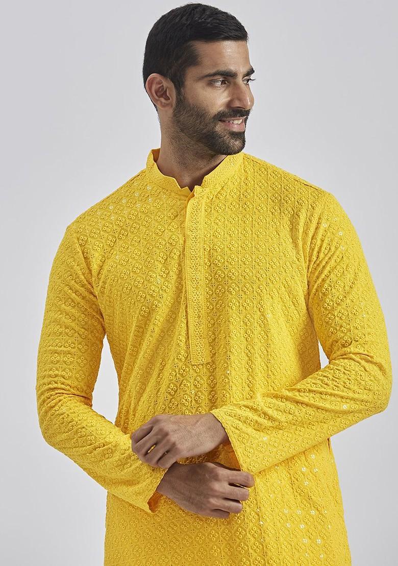 Yellow Floral Print Chiffon Kurta Set For Men
