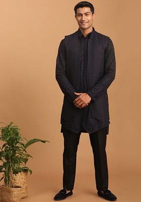 Navy Blue Solid Poly Blend Kurta Set For Men