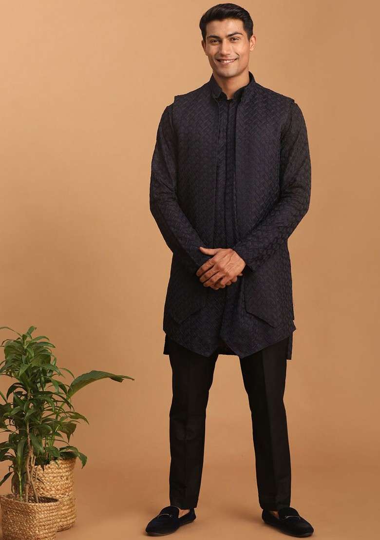 Navy Blue Solid Poly Blend Kurta Set For Men - Indya