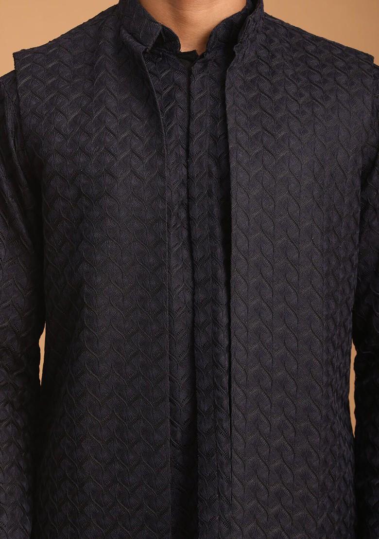 Navy Blue Solid Poly Blend Kurta Set For Men