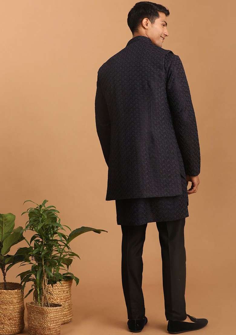 Navy Blue Solid Poly Blend Kurta Set For Men - Indya