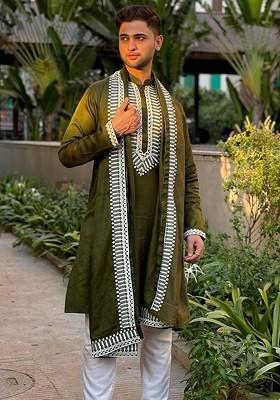 Olive Ethnic Motifs Poly Blend Kurta Set For Men