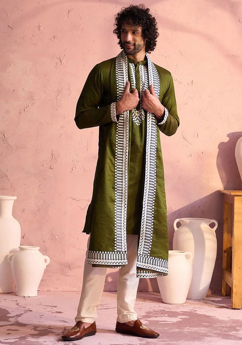 Olive Ethnic Motifs Poly Blend Kurta Set For Men