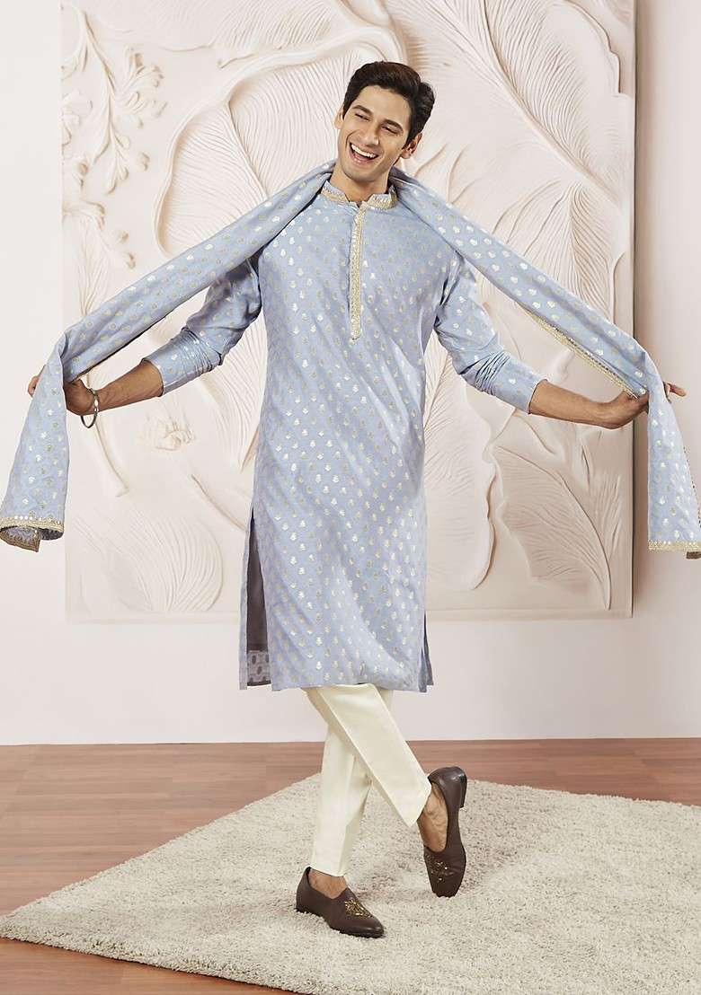 Blue Floral Print Poly Blend Kurta Set For Men - Indya