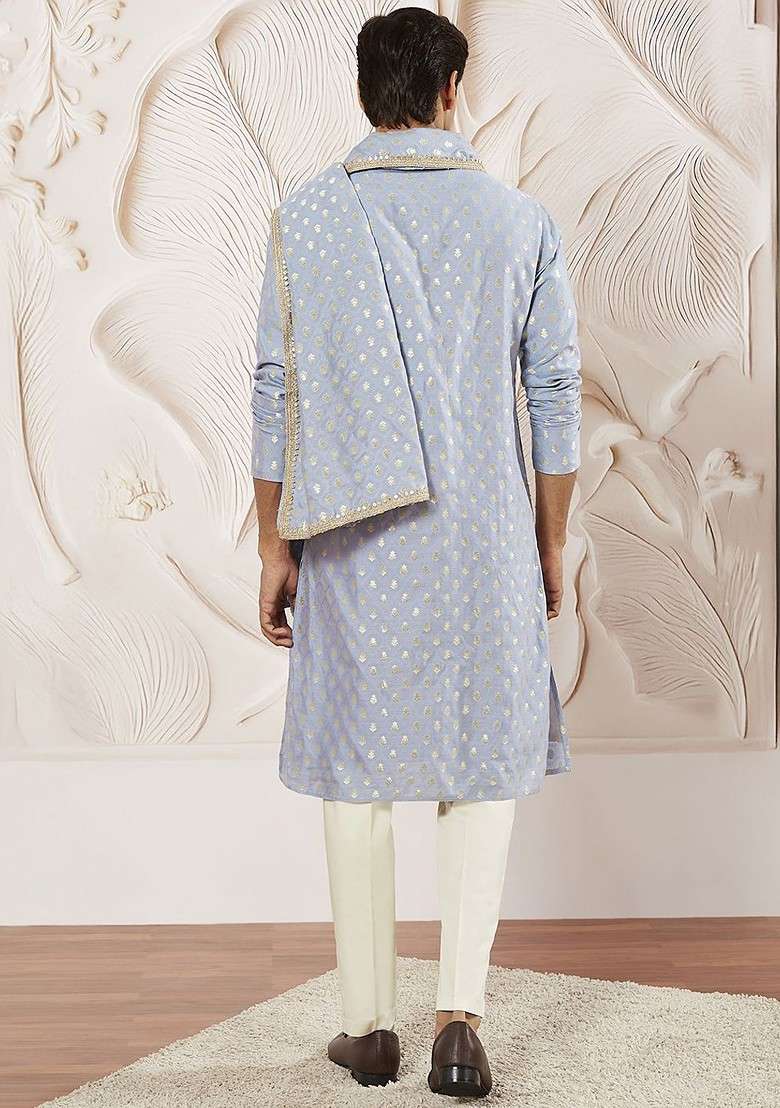 Blue Floral Print Poly Blend Kurta Set For Men - Indya
