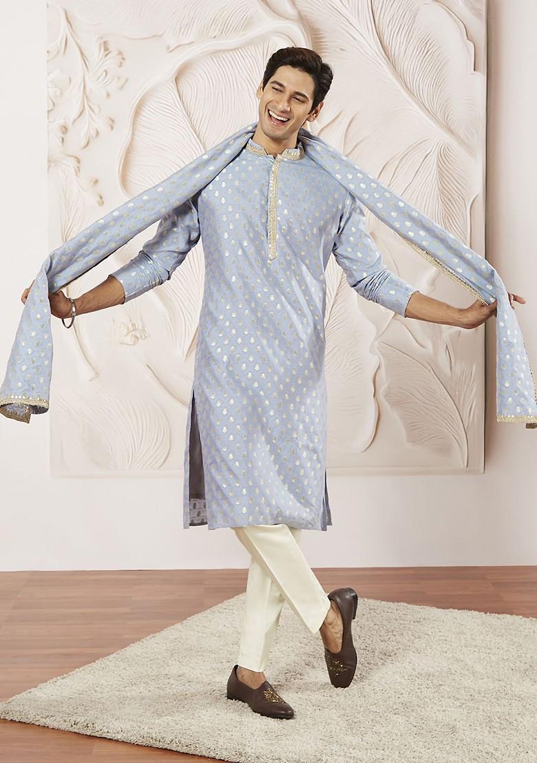 Blue Floral Print Poly Blend Kurta Set For Men