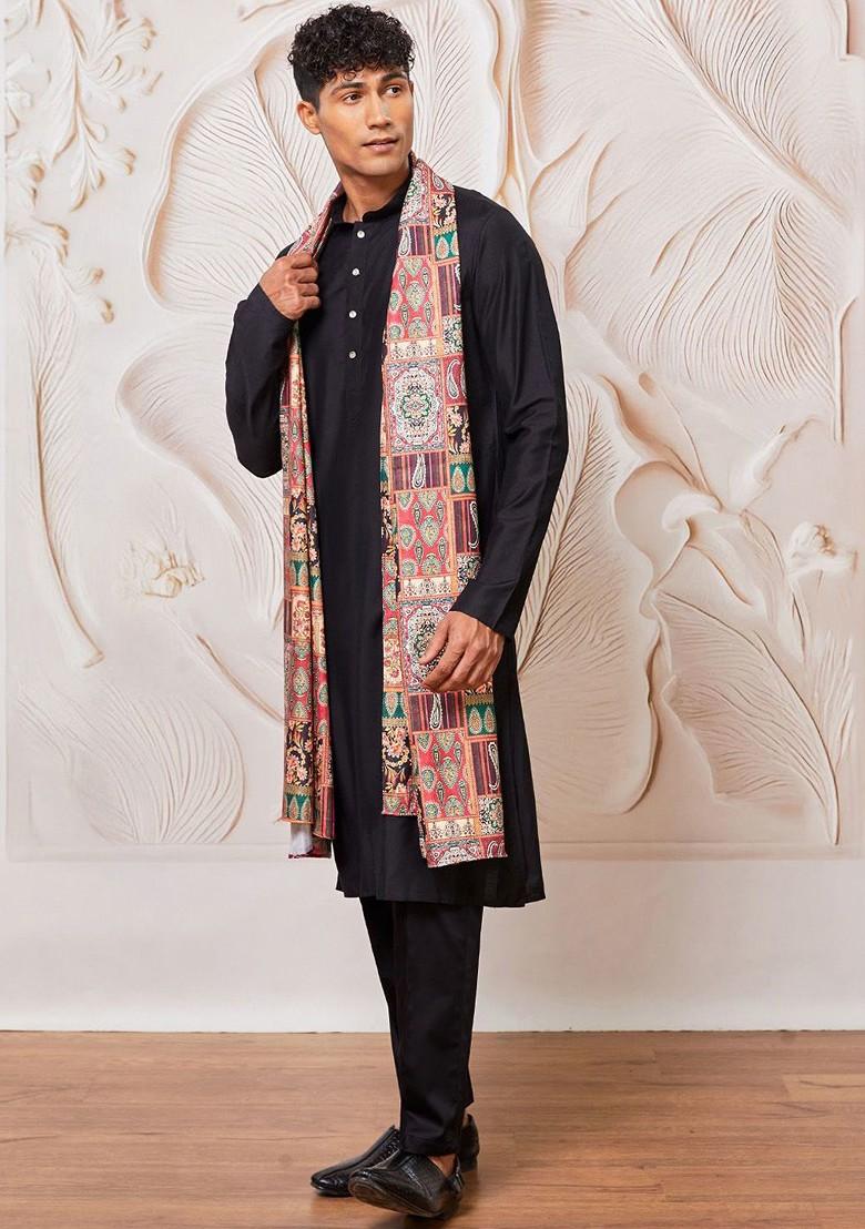Black Solid Poly Blend Kurta Set For Men